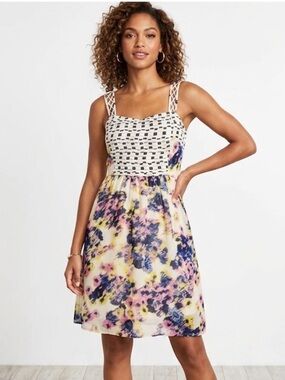 Bar III Cream Smocked Floral Cami Dress with Black Blooms